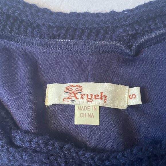 Aryeh Women's S Navy Polka Dot Floral Border Knit Shift Dress Retro Mod - Picture 4 of 9